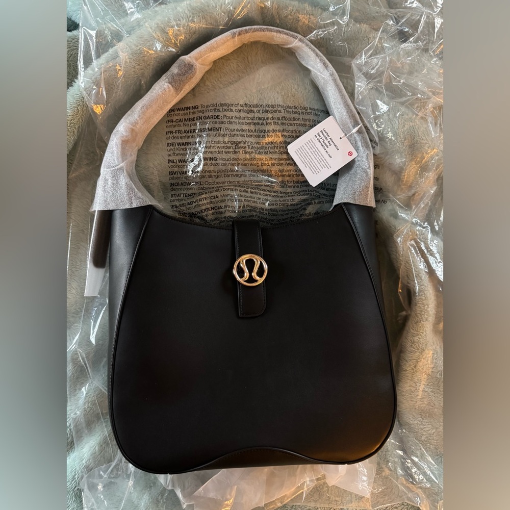 lululemon athletica Black Leather Shoulder Hobo with Gold Accent